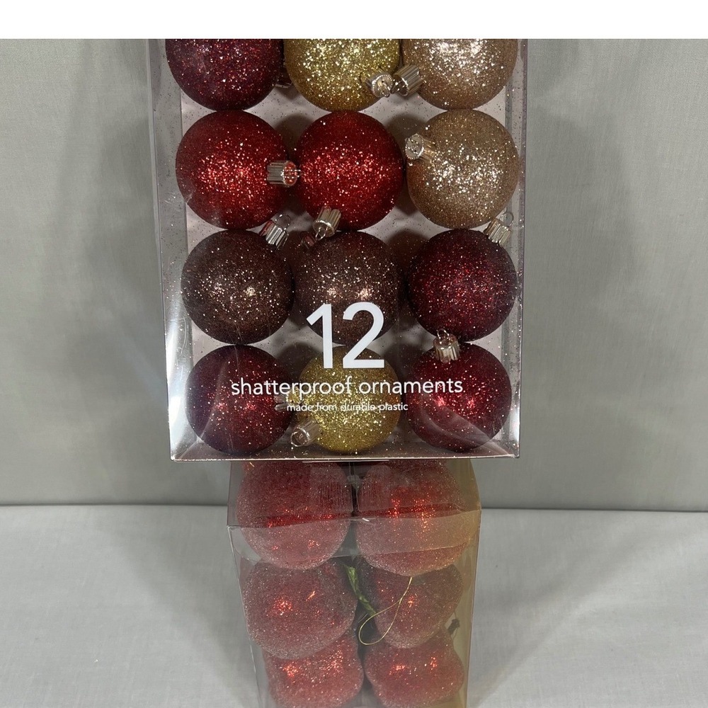 Woodland Holiday Shatterproof Ornaments Red Gold Glitter Round & Apple 18pc Set